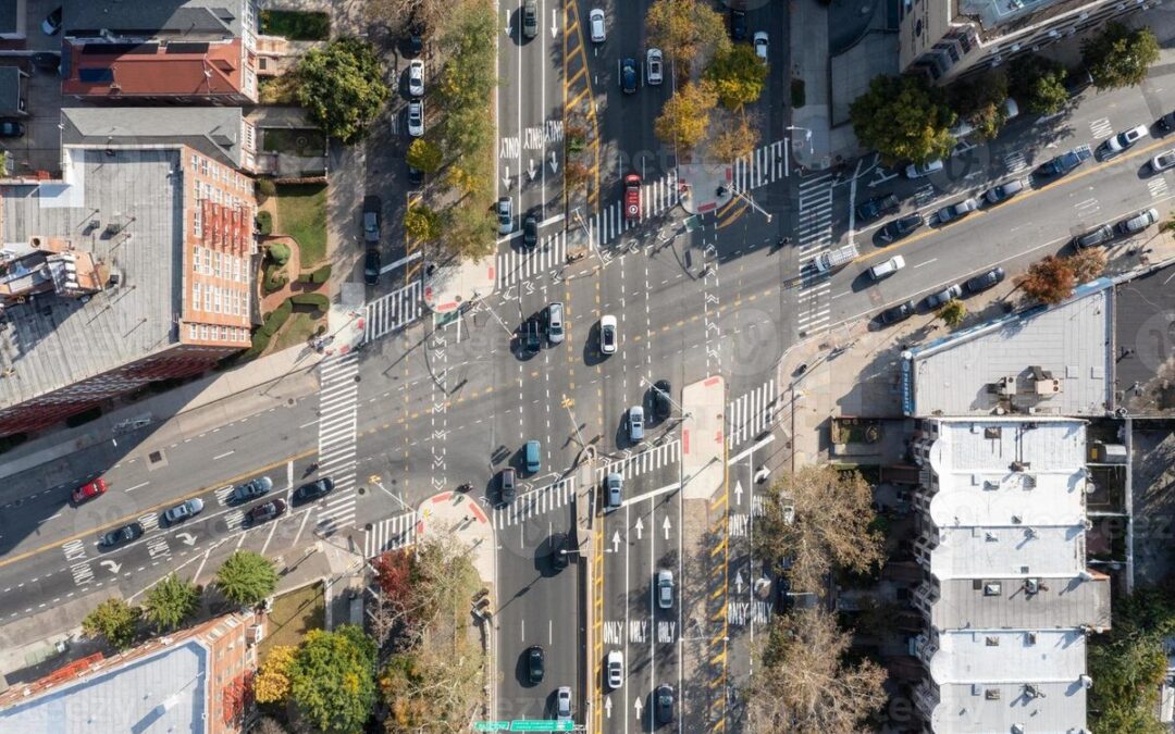 Aerial view of Ocean Avenue and Glenwood Road intersection in Flatbush Brooklyn — a dangerous car accident corridor serving Little Caribbean, Little Haiti, and Ditmas Park communities