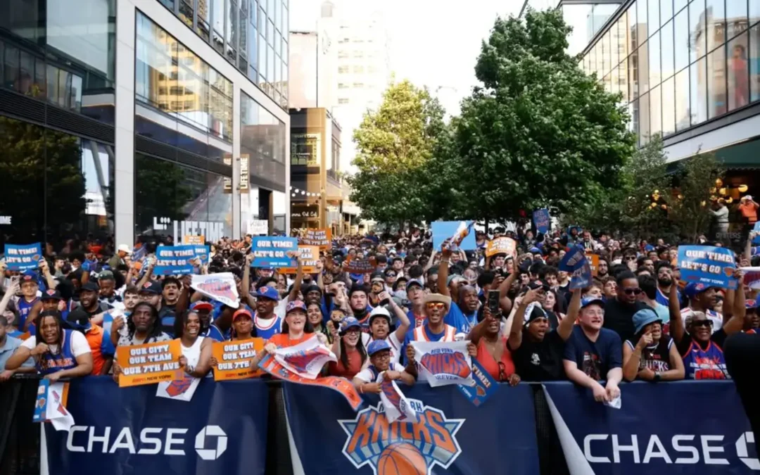 Injured at the Knicks watch party on 34th Street NYC — crowd of fans outside Madison Square Garden