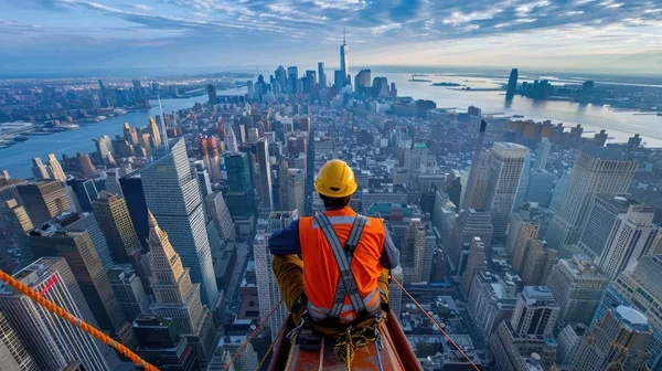 Construction worker in a hard hat and safety harness sitting on a steel beam high above the New York City skyline