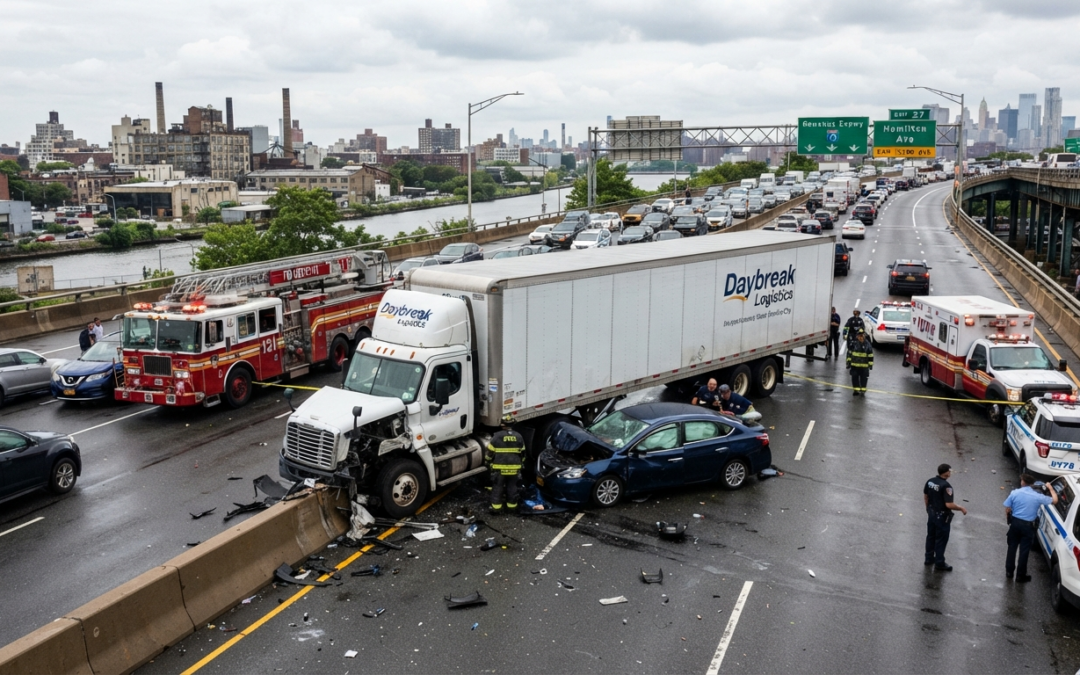 Tractor-trailer and crushed sedan after a truck accident on the Gowanus Expressway in Brooklyn, with FDNY and NYPD responding.