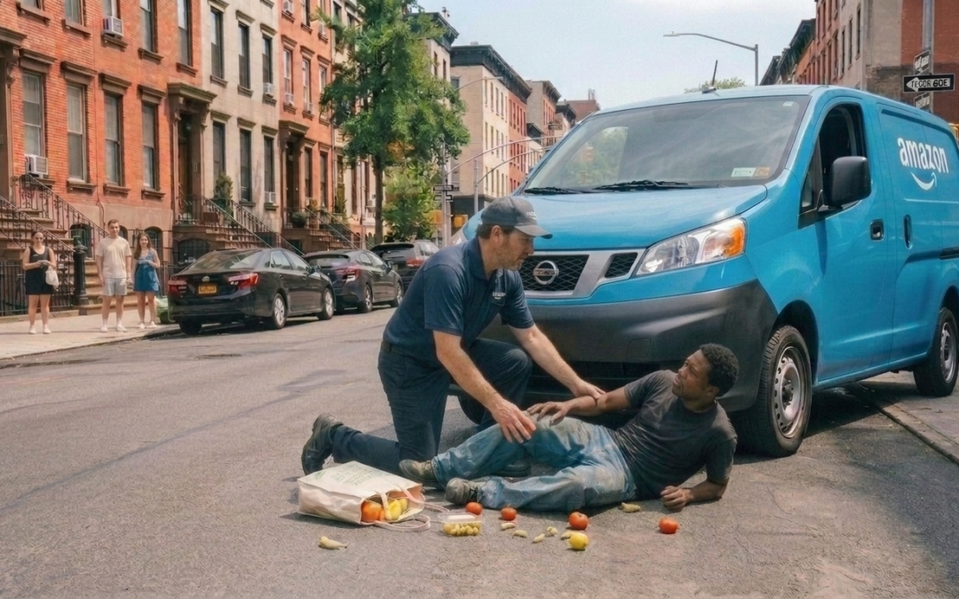 Delivery van driver kneeling beside a man knocked down on a Brooklyn street, groceries scattered across the pavement