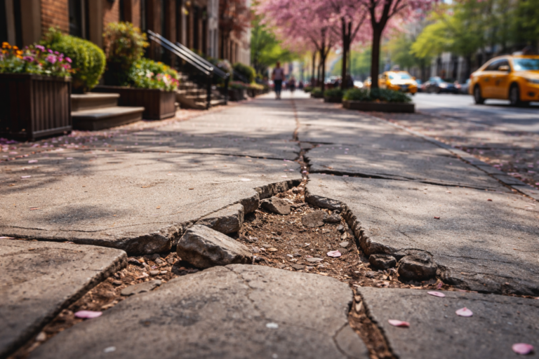 Cracked and raised sidewalk slabs with loose stones in front of Brooklyn brownstones, a common trip hazard in NYC sidewalk falls