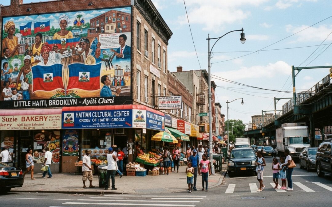 Busy street corner in Little Haiti, Brooklyn, with a Haitian flag mural above a bakery and cultural center, and families crossing the street